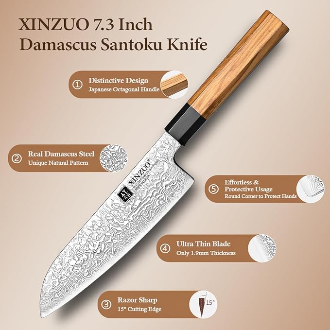 XINZUO 7.3 Inch Santoku Knife, Hand Forged 67 Layers Damascus Super Steel Chef Knife, Japanese Chopping Knife Ultra Sharp, Professional Kitchen Knife with Olive Wood Octagonal Handle