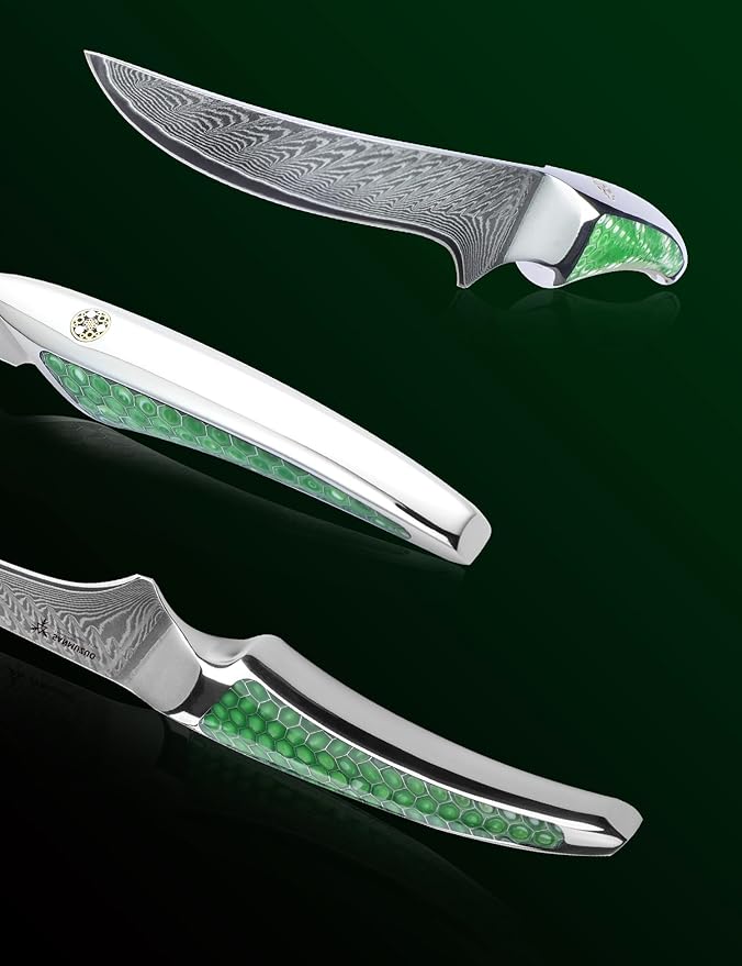 7 inch Fillet Knife, Japanese VG-10 Damascus Steel Kitchen Fish Knife with Ultra Sharp Blade and Full-tang Green Resin Handle