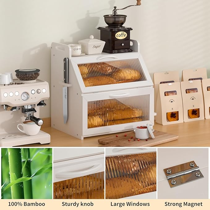 Bread Box, Bread Box for Kitchen Countertop, Large Bread Storage Container for Homemade Bread, Wooden Farmhouse Breadbox Organizers, Double Layer Bread Bin with Acrylic Window Bread Holder,White