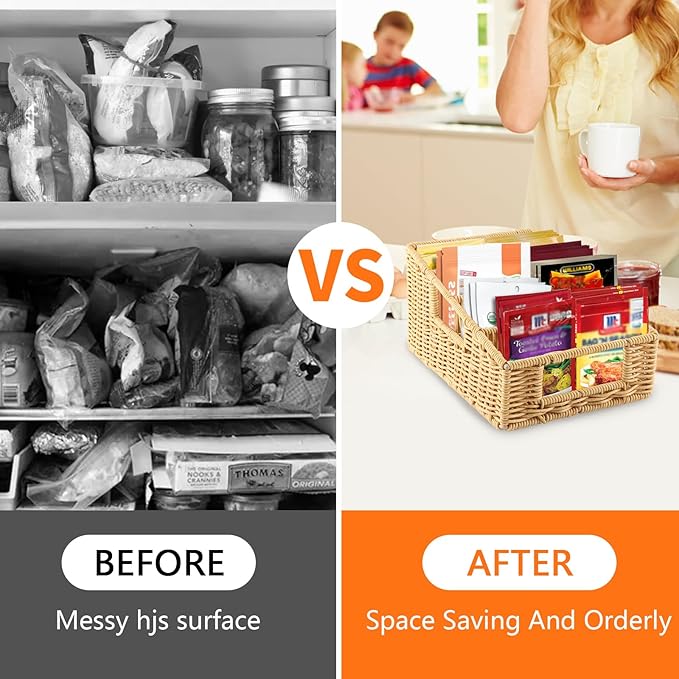 Pantry Snack Organizers and Storage Box,Handwoven Wicker Basket with 4 Compartments Seasoning Packet Organizer,Remote Control Holder,Kitchen Cabinet Organization Bin for Tea Bags,Medicine