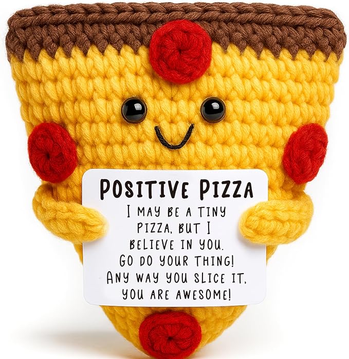 Mini Christmas Inspirational Pizza Gifts Handmade Positive Crochet Animal Pizza for Motivation Christmas Birthday Gift for Women Coworker Friends Christmas Stocking Stuffers White Elephant Gifts Idea