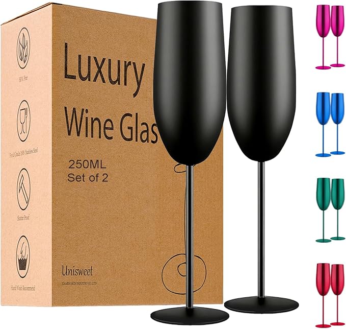 Champagne Glasses Set of 2 Stainless Steel Champagne Flutes Wedding Gifts for Bride 8.5 oz Unbreakable Champagne Glasses for Party Wedding Christmas Anniversary Brithday (Matte-Black)