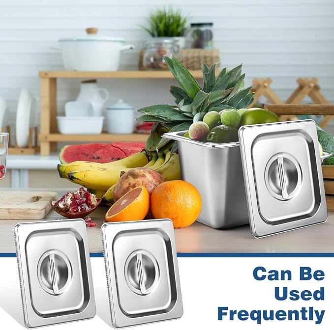 6 Pcs Notched Hotel Pan Cover Stainless Steel 1/6 Size Food Pan Lids with Handle Steam Pan Covers for Restaurant Hotel Commercial Food Storage Containers Covers