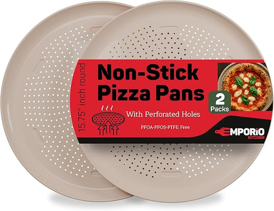 Non-Stick Pizza Pan 2 Pack – 16 Inch Round Carbon Steel Pizza Tray with Perforated Holes, PFOAPFOSPTFE-Free, Dishwasher & Oven Safe Up To 450°F, Durable Nonstick White Marble Coating