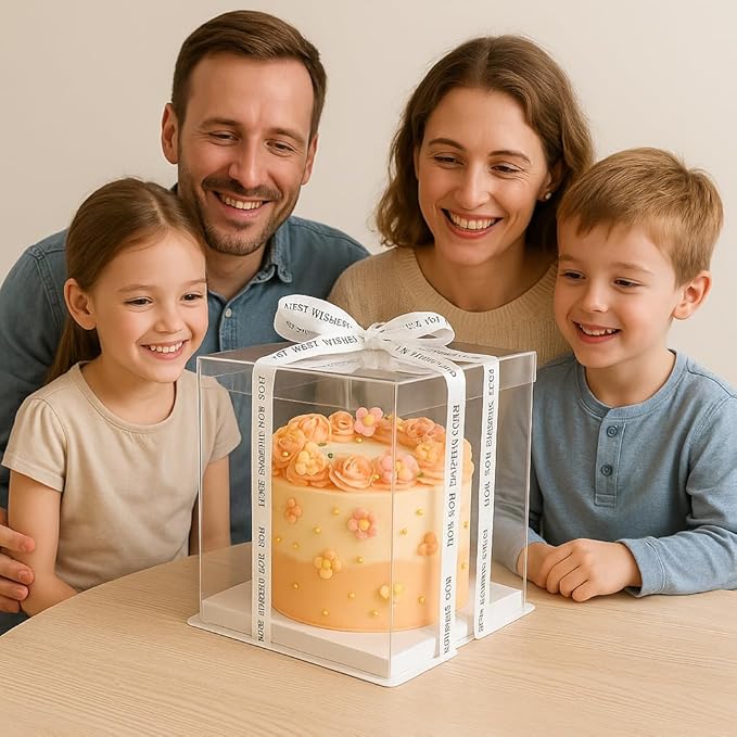 Sweet Degrees Clear Plastic Cake Boxes 10"x10"x12" – 2 Pack | Ribbon Included |Tall Square Cake Containers with Lids | Reusable Dessert Boxes for Birthday Cakes, Storage & Delivery