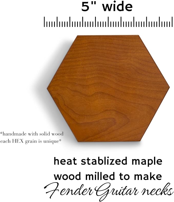 360KnifeBlock magnetic knife HEX - Guitar Wood - 2 Rows of Magnets, 'magic floating backer' 3 sizes from 5" to 26" - handmade in Washington (Guitar Wood, 5" Hexagon)