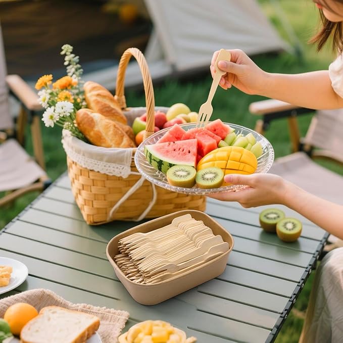 200 Bamboo Fork and Spoon 2 in 1, 4.72" Disposable Forks Spoons Combo Composatable Utensils for Charcuterie, Desserts, Appetizers, Snacks, Ice Cream, Small/Mini/Little Cutlery for Parties/Wedding