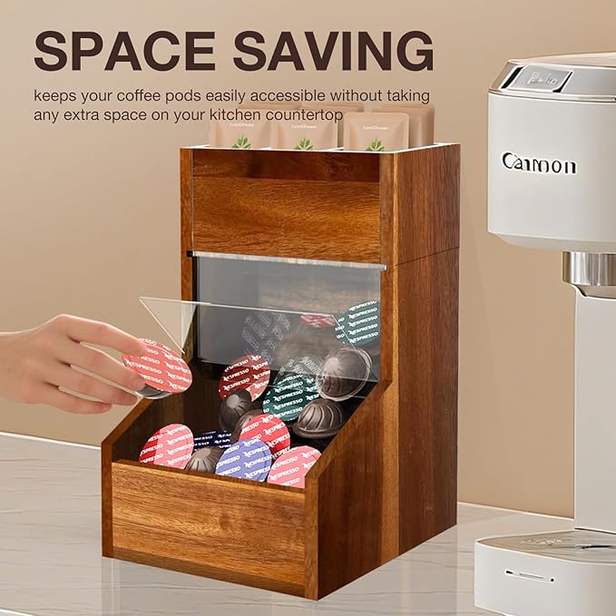 Acacia Wood Coffee Pod Holder, Convenient K Cup Organizer with Clear Window, Coffee Pod Organizer with Top Removable Dividers