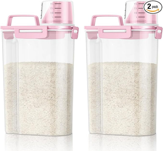 TBMax Rice Container 2 Pack 5 Lbs Cereal Container Storage, Kitchen Pantry Food Storage Holder with Cup, Small Pet Dog Cat Food Container -Pink