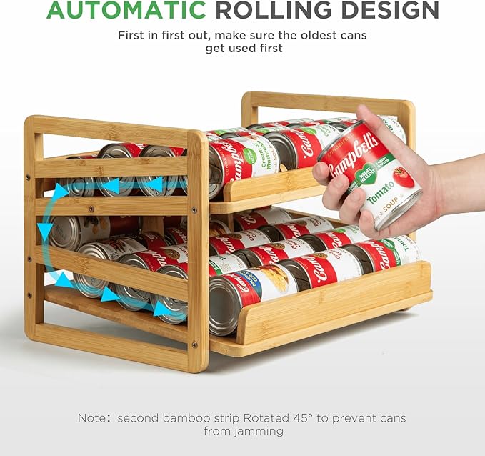 Bamboo Rolling Can Organizer for Pantry, Stackable 2 Tier Canned Food Organizer Rack for Storage, Kitchen Cabinet, Can Holders Dispensers for Pantry Up To 27 Cans