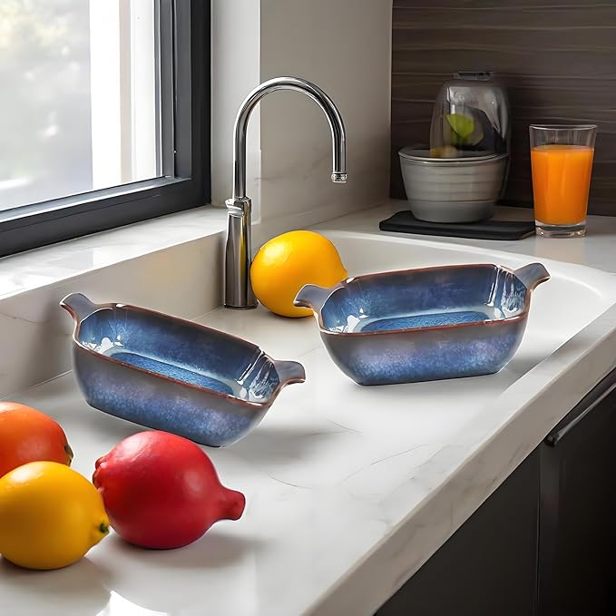 Ceramics Au Gratin baking Dishes Set of 4, Baking Tray Bake ware, 10.5 oz Ramekins, for Pie Pan, Appetizer, Tart, Dessert, Quiche, Oven Small dish, individual dishes, Square 7.3 Inch