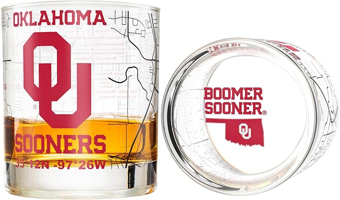 Greenline Goods – University of Oklahoma Sooners College Whiskey Glasses (Set of 2), 10 oz – Full-Color Logo + Campus Map