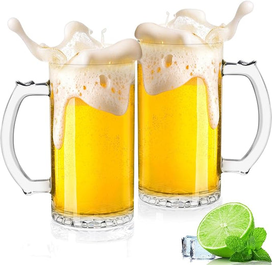 17 OZ Beer Stein Mugs, German Clear Large Tall Beer Glasses With Handle for Men, Set of 2