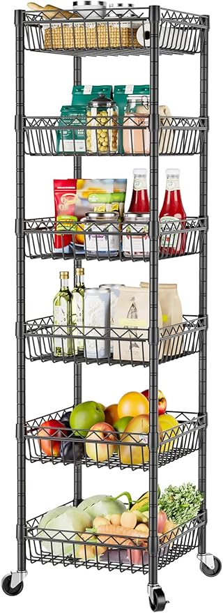 SINGAYE 6 Tier Shelf Wire Rack Shelving with Wheels Metal Storage Shelves Adjustable Closet Bathroom Organizers Baskets Pantry Kitchen Garage Laundry Room 13.5" D x 13.5" W x 63" H Black