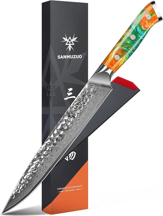 9 Inch Carving Knife, Slicing Knife - Hammered Damascus Steel & Resin Handle - Yao Series