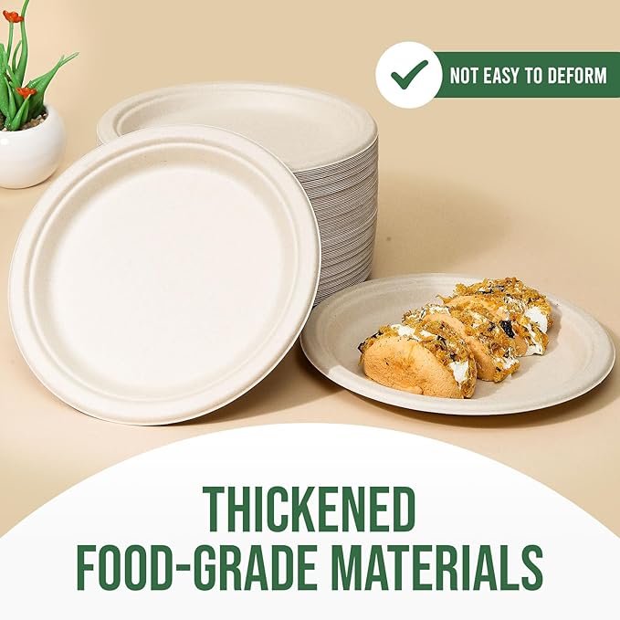 9 Inch Compostable Paper Plates (100 Pack) - Eco-Friendly Disposable Dinnerware for Parties, Microwavable & Water/Oil Resistant - 100% Biodegradable Heavy Duty Brown Plates for Events, Picnics