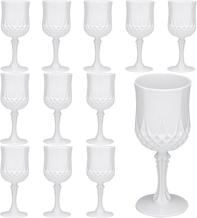 JLYLOL Plastic Vintage Wine Glasses 7OZ Plastic Goblets Vintage Drinking Glasses 12PCS Retro Wedding Glassware Water Goblets Reusable Drinking Cups for Party,Reception,Celebration,Bar,Whiskey(White)