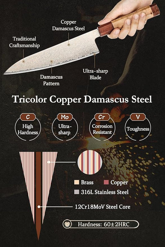 HEZHEN Tricolor Copper Damascus Chef Knife,8.3 Inch Japanese Damascus Knife, 37 Layers Damascus Steel Chef Knife-Razor Sharp,Sycamore Wood Handle
