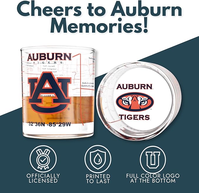 Greenline Goods – University of Auburn Tigers College Whiskey Glasses (Set of 2), 10 oz – Full-Color Logo + Campus Map