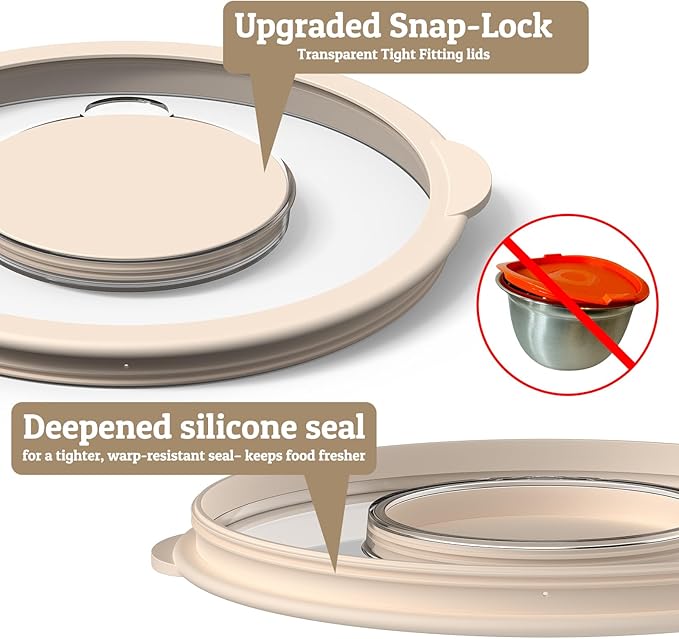 Mixing Bowles Set with Lids Set - Warp-Proof TPR-AS Lids, Stainless Steel Mixing Bowl with 3 Graters & Measuring Lines, Non-Slip Bowls for Baking, Prep, Airtight Food Storage (Khaki 5/3/2/1.5/0.63QT)