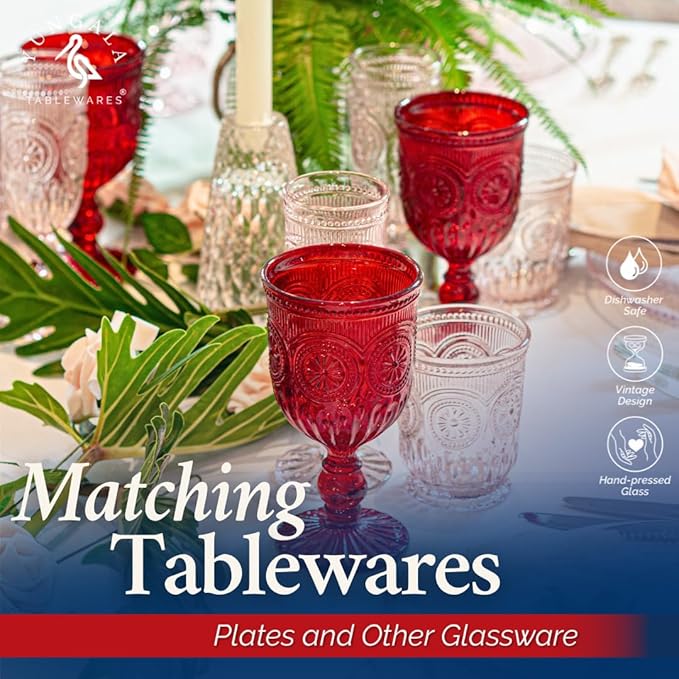 Yungala Red Goblets, Set of 6 Hand Crafted Red Colored Wine Glasses for lovers of red glassware, perfect for Valentines Day or Christmas Wine Glasses