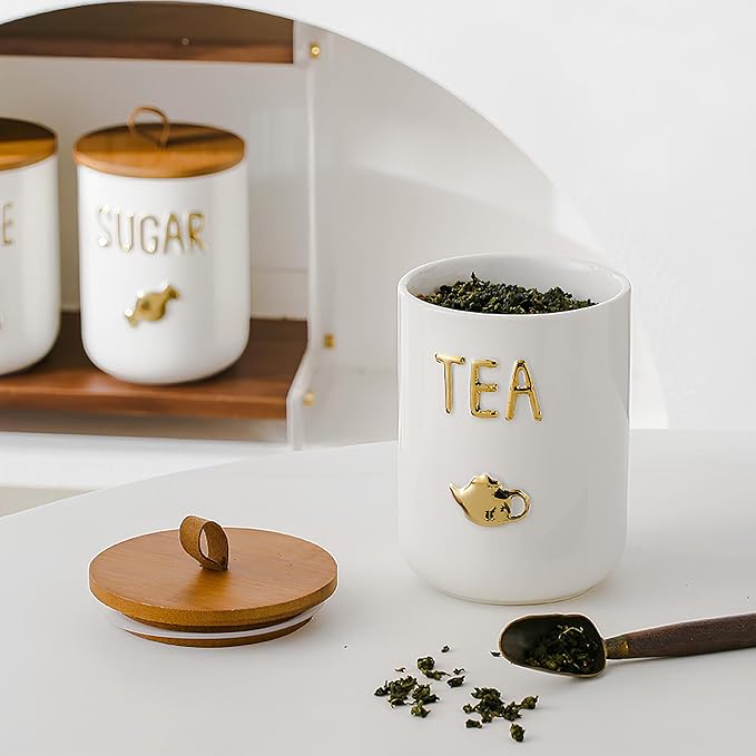 Comeon Ceramic Canister Set with Airtight Seal Bamboo Lid Silicone, 27oz Food Storage Jars for Coffee Sugar Tea, Container Set for Kitchen Pantry Counter Decor (Tea)