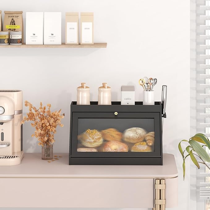 Bamboo Bread Box with Shelf for Kitchen Counter-Large Capacity Bread Storage Container with Wavy Arcylic Transparent Door Bamboo Wooden Farmhouse Bread Box for Your House (Black)