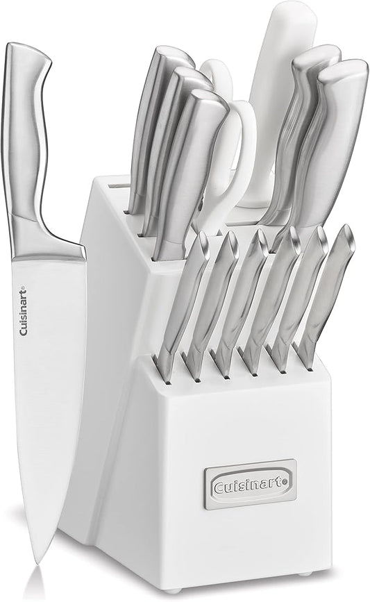 Cuisinart Professional Block Knife Set, 15pc Cutlery Knife Set with Steel Blades for Precise Cutting, Lightweight, Stainless Steel Durable & Dishwasher Safe, White