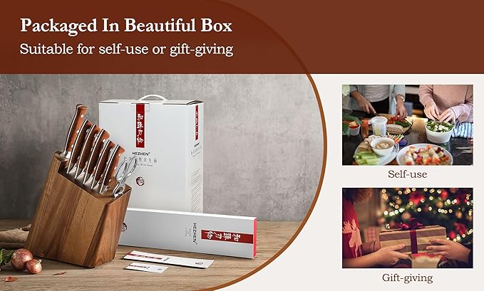 HEZHEN 8-Piece Chef Knife Set with Block and Sharpener, Razor-Sharp, German DIN 1.4116 Steel, Includes Chef, Santoku,Slicing, Utility, Paring Knives and Kitchen Shears