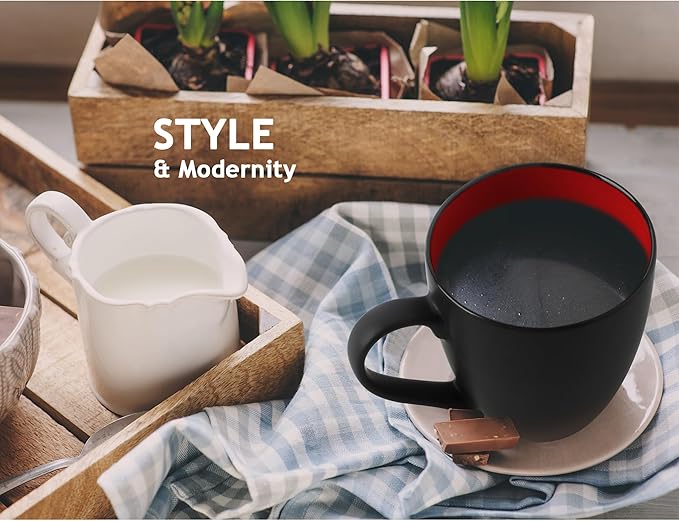 MIAMIO - Set of 6 Stoneware Coffee Mugs 12 Ounce/Cup Set - Le Papillon Collection (Black-Red)