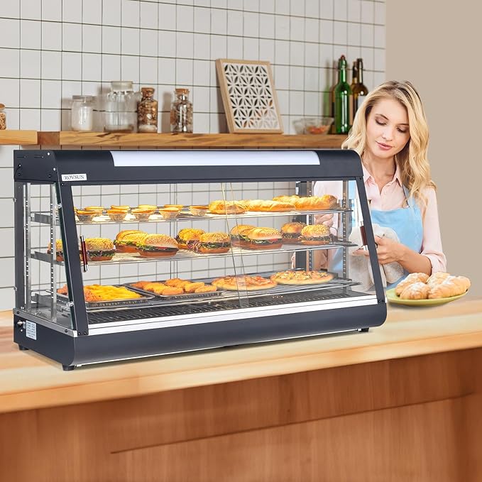 ROVSUN 48" Food Warmer Pizza Warmer Countertop, 3-Tier Food Warmer Display Pretzel Warmer w/LED Adjustable Removable Shelves Front & Rear Doors, Pastry Display Case for Buffet Restaurant, 1800W