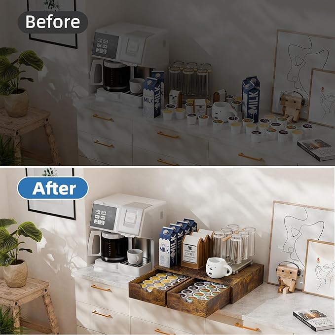 Simple Trending K Cup Organizer Coffee Pod Holder, Wooden K Pod Storage Drawer, Coffee Maker Machine Stand, 30 Pods Capacity