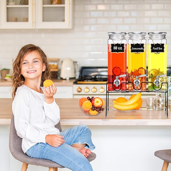 3 Pack 80 oz Tall Glass Drink Dispenser with Stand, Lid, Label and Stainless Steel Leakproof Spigot Beverage Water Dispenser Clear Mason Jar for Party Fridge(Square)