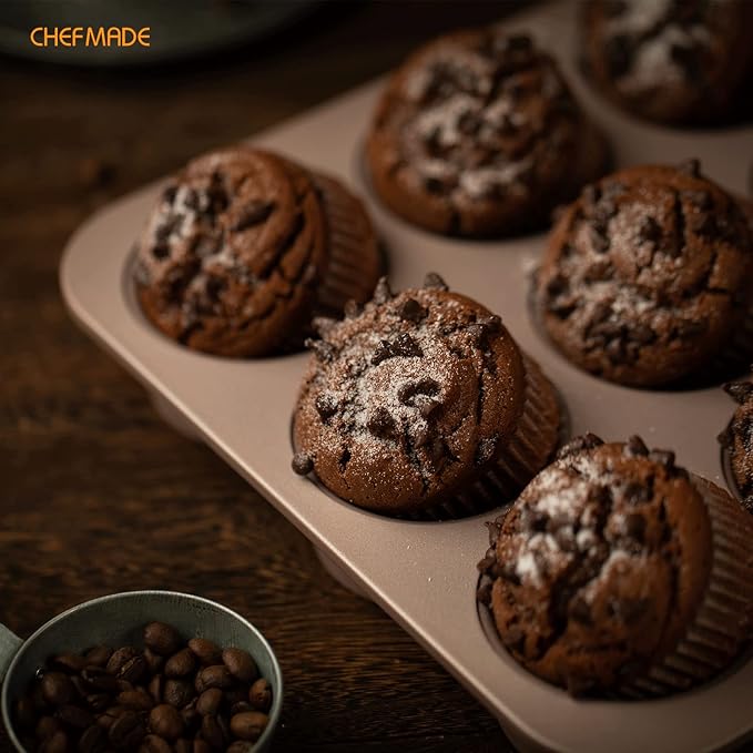 CHEFMADE Muffin Cake Pan, 12-Cavity Non-Stick Bristish Cupcake Pan Bakeware for Oven Baking (Champagne Gold)