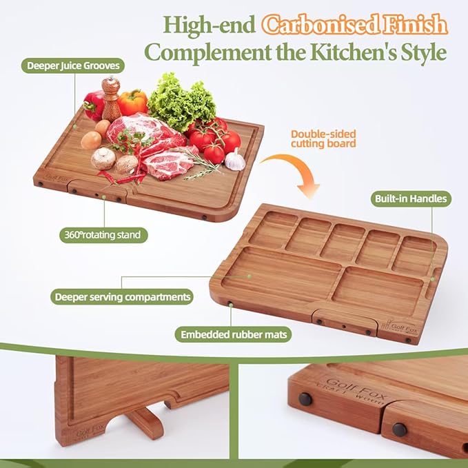 3-PCS Bamboo Cutting Board Set, Wood Cutting Board for Kitchen with Innovative Stand, Juice Groove & Handle, Double Sided for Chopping & Charcuterie Board, Kitchen Gift for Home Cooks, For Meat &Fruit