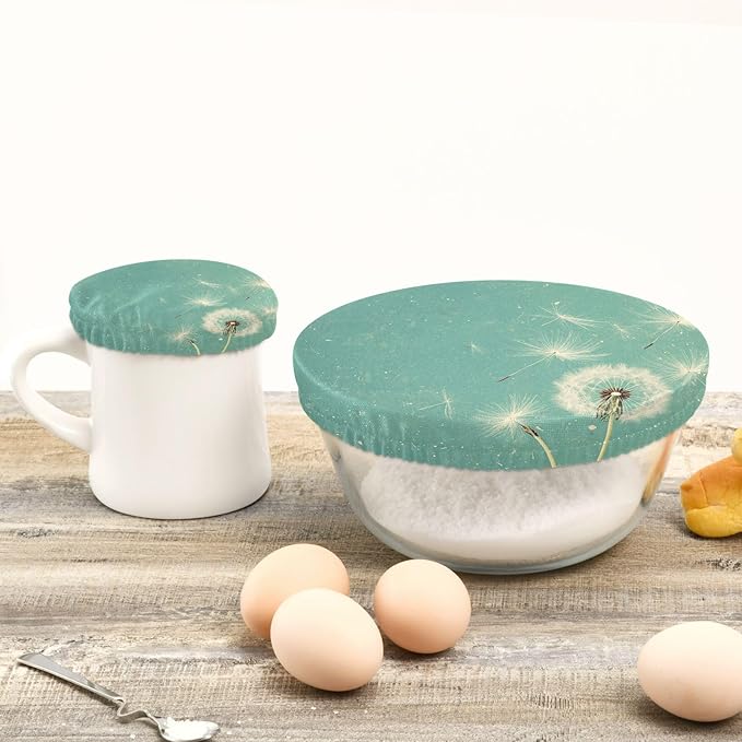 5 Pcs Bowl Covers Reusable in 5 Size Elastic Food Cover Cloth Lids Fresh Keeping Dish Cookware Bakeware Fabric Covers Lids for Food Leftovers Fruits Storage Teal Dandelion Flowers
