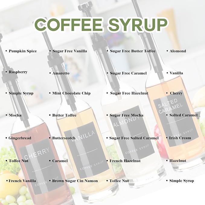 25.4 oz 750 ml Glass Coffee Syrup Dispenser for Coffee Bar With Pump & Lables Glass Syrup Bottle Included -4 Pack