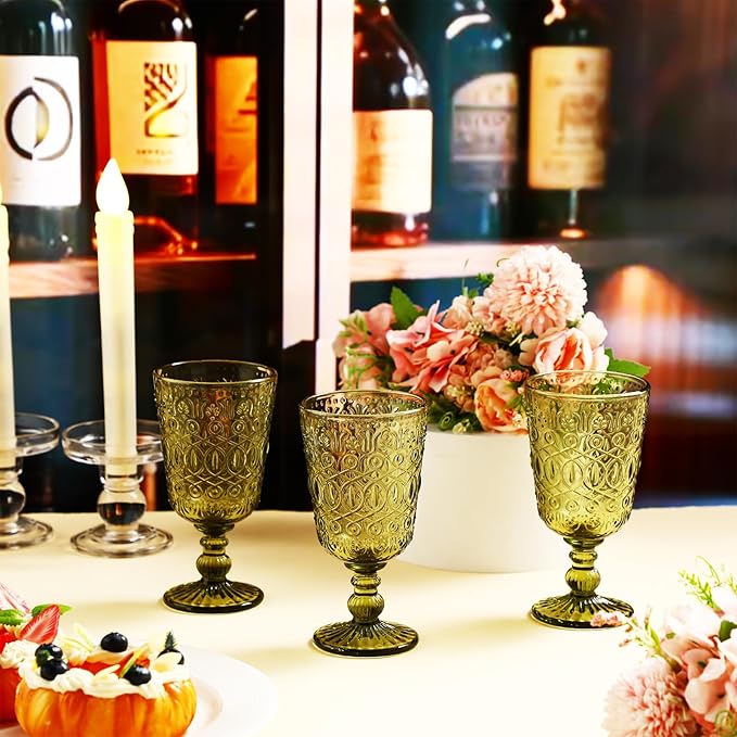 Eaasty Wine Glasses Set of 6 Vintage Goblet 9 oz Vintage Colored Glass Goblet Beverage Stemmed Glass Cups Romantic Embossed Glassware for Wedding Party Holidays Anniversary (Green)