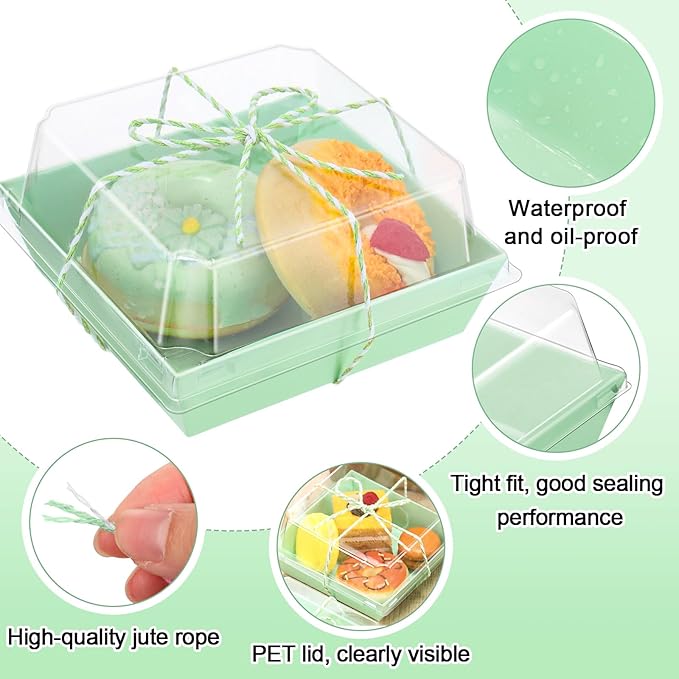 Ctosree 100 Pcs Paper Charcuterie Boxes with Clear Lids 4.5 Inches Disposable Cake Square Dessert Container Bakery Boxes Bundle with Rope for Food Cake Slice Cookie Sandwich Dessert(Light Green)