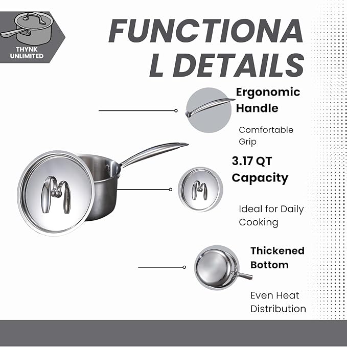 3QT Tri-Ply Stainless Steel Saucepan with Lid, Induction & Gas Compatible Cooking Pot, Mirror Finish Small Soup Pan for Milk, Sauce & Everyday Cooking, Dishwasher Safe