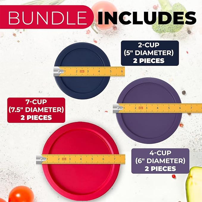Replacement Lids for Pyrex Containers Round Glass Food Plastic - (2) 2-Cup Navy, (2) 4-Cup Purple, (2) 7-Cup Dark Red- BPA-Free, Dishwasher & Microwave Safe