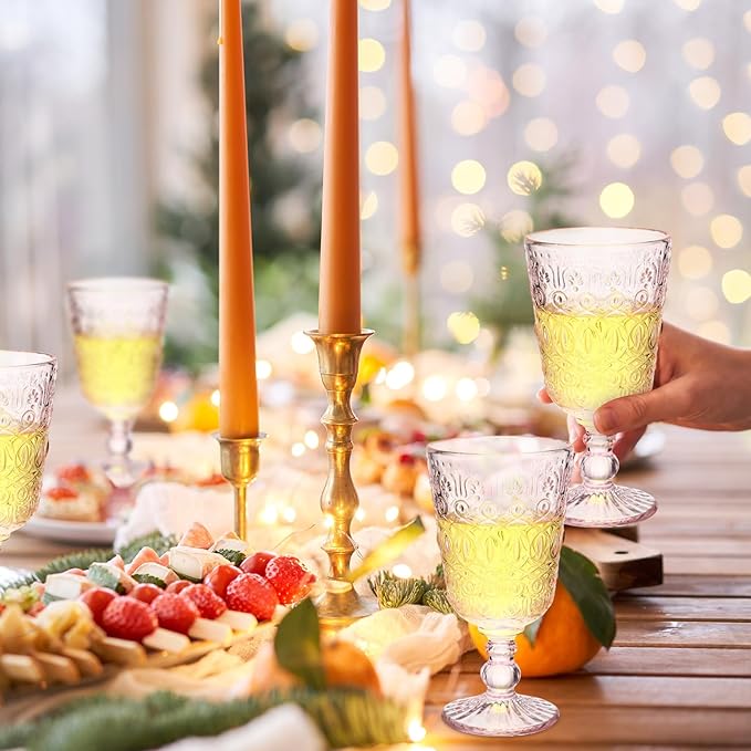 Eaasty Wine Glasses Set of 6 Vintage Goblet 9 oz Vintage Colored Glass Goblet Beverage Stemmed Glass Cups Romantic Embossed Glassware for Wedding Party Holidays Anniversary (Pink)