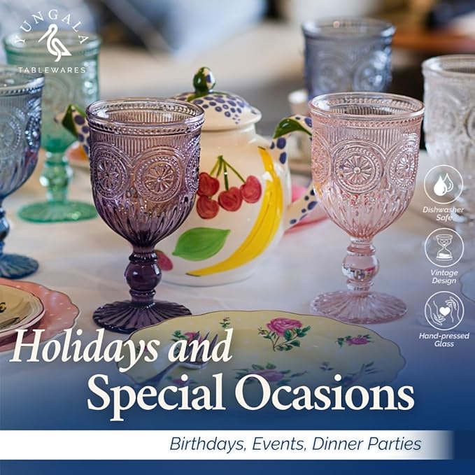 Yungala Colored Wine Glasses set of 6 colorful glass goblets made from Solid glass colors, colorful wine glasses are 100% dishwasher safe, multi colored wine goblets are hand crafted