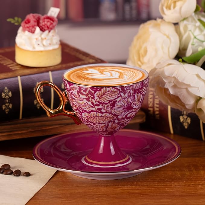 KAMMAK Ceramic Coffee Cups and Saucers Set of 2, Porcelain Espresso Cups with Saucers, 7.7oz Handcrafted Floral Vintage Petite Stem Tea Cups Drinkware Set for Party, Holiday Gifting, Home Decor, Gift