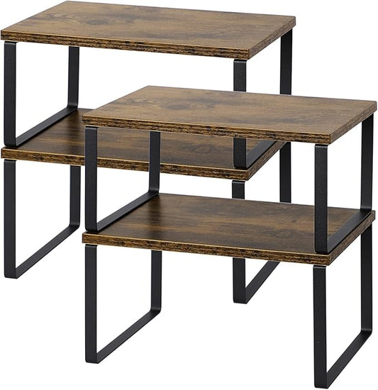 NEX Kitchen Cabinet and Counter Shelf Organizer, Shelf Riser for Pantry Countertop Cupboard Desk Top, Stackable & Expandable, Set of 4, Black and Rustic Brown