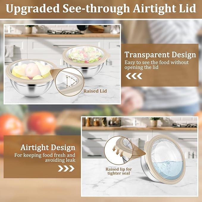 P&P CHEF Mixing Bowls with Visible Airtight Lids Set of 5, 10-Piece Stainless Steel Mixing Nesting Bowl, Metal Bowl with Lid for Kitchen Prepping & Storing, Size 4.6, 3, 1.5, 1, 0.7 QT, Khaki