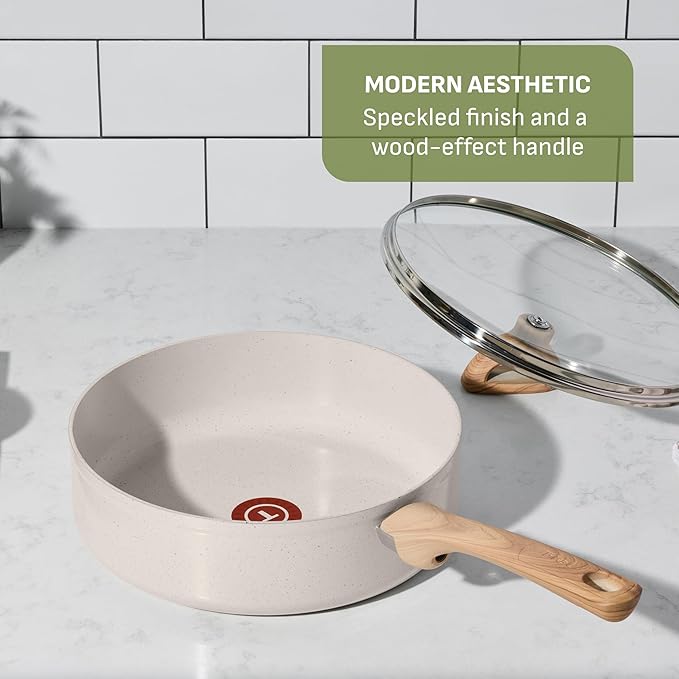 T-Fal Revive Ceramic Nonstick Cookware Set, Oven Safe Up to 350ºF, 12-Piece, Includes Stockpot, Saucepan, Skillet, Frying Pans, Utensils, Ceramic Pots and Pans Set, Beige Granite