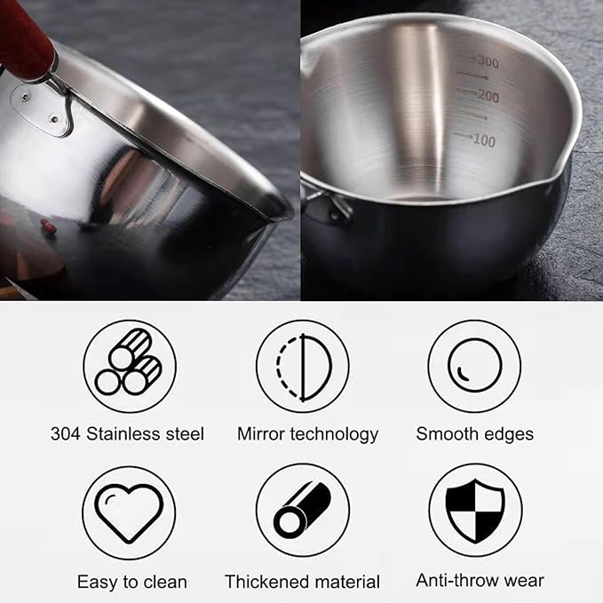 Butter Warmer Pot, Stainless Steel Milk Warmer with Wooden Handle for Seafood, Mini Butter Melting Pot Small Saucepan with Dual Pour Spouts for Stove Top Cooking (300ml)