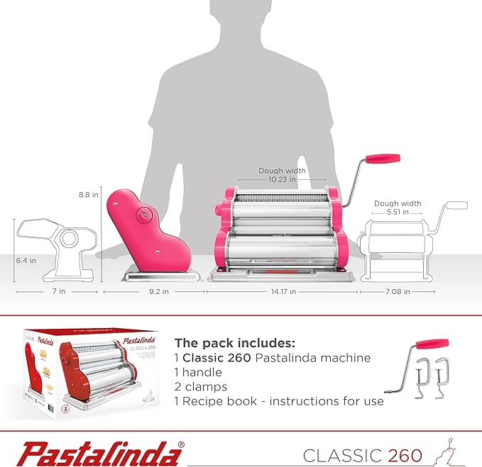 PASTALINDA Classic 260 Pasta Maker Machine, 26 cm Wide Rollers, 9 Thickness Positions, 2 Cutting Positions, Stainless Steel. Includes Reinforced Hand Crank And Two Clamps (Fuchsia)