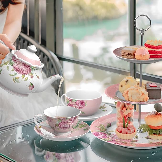 London Boutique Tea Cup and Saucer Set 2 Afternoon Tea Set New Bone China Vintage Flora Gift Box 200m (Pink)